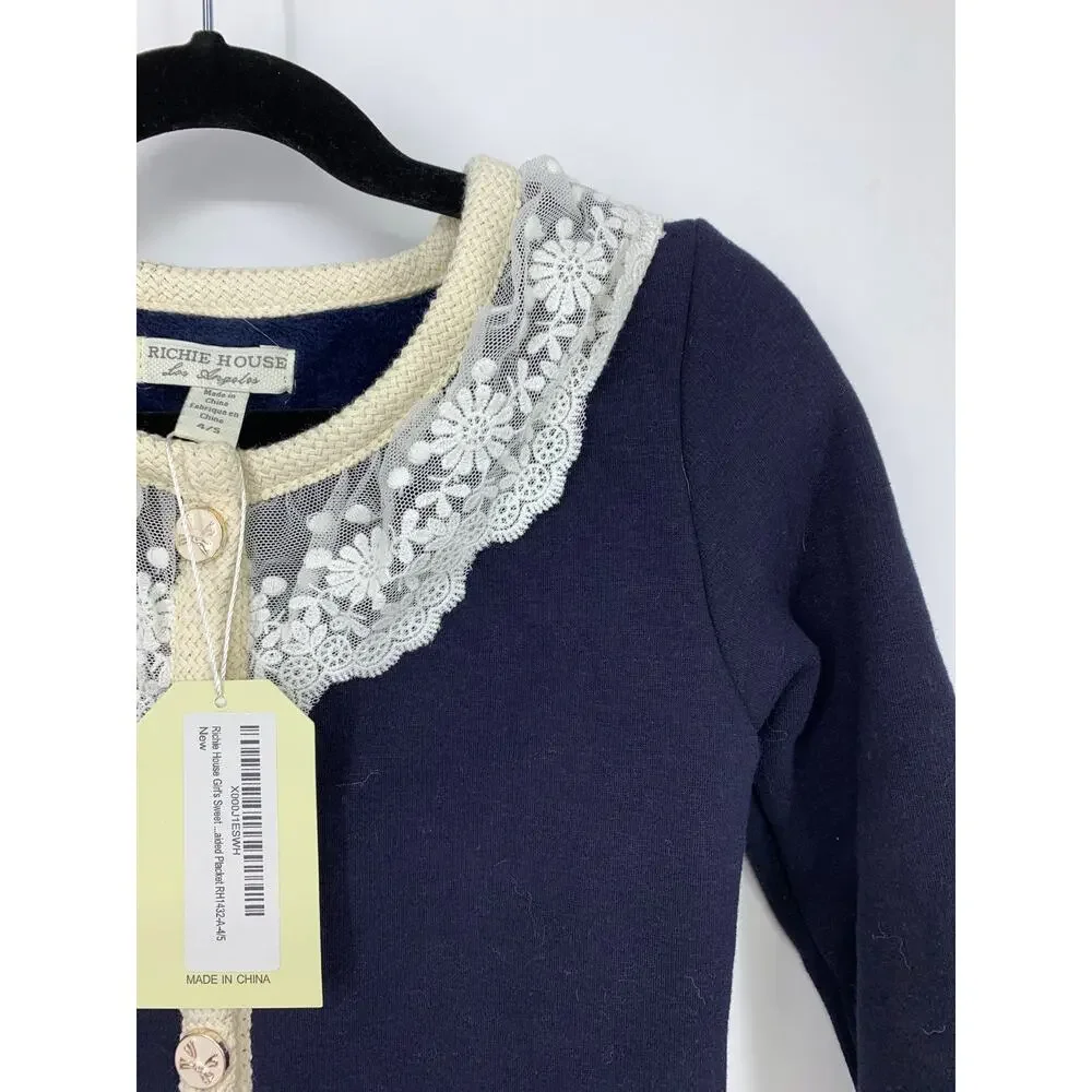 Richie House Girl's Size 4-5 Sweet Lacy Cardigan with Braided Placket Blue Cream